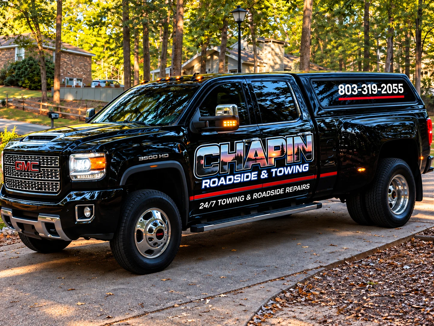 Concept image of a black GMC dually branded for Chapin Roadside and Towing